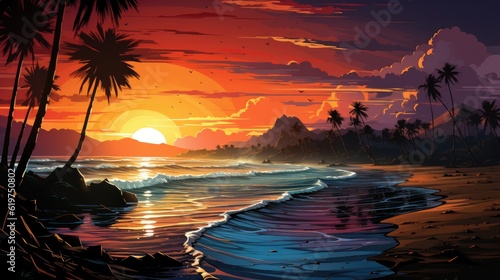 Sunset on the beach with beautiful ocean. AI generated