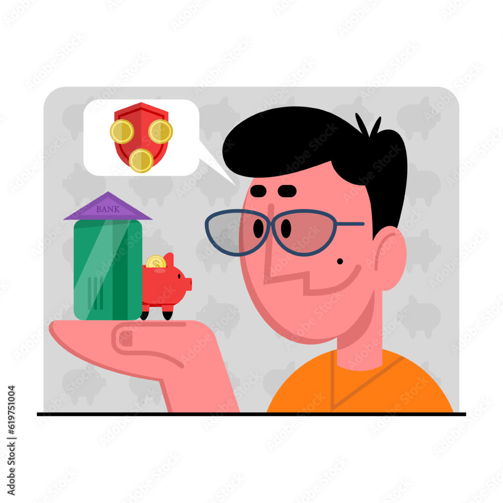 Male holding in hand moneybox and credit card, thinking about saving money. Making bank deposits and investments. Modern finance management strategy. Valuable economic resources. Vector Male holding in hand moneybox and credit card, thinking about saving money. Making bank deposits and investments. Modern finance management strategy. Valuable economic resources. Vector