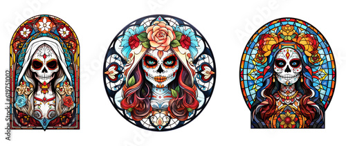 Stained Glass Catrina, Mexican tradition, Day of the Dead. Generative AI