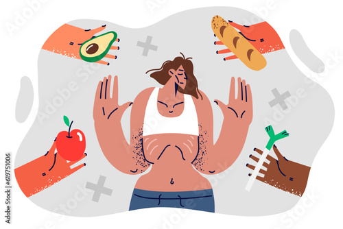 Skinny woman suffers from anorexia and dystrophy, refusing to eat due to psychological disorder.