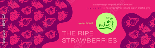 Template label design with hand drawn illustrations of ripe strawberries vector. Strawberry pattern seamless. Red berries for vegan banner, juice, jam label design. Strawberry smoothie background.