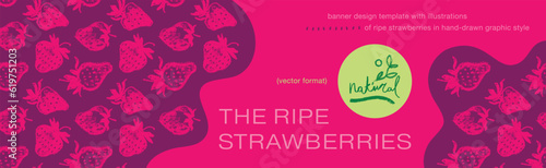 Template label design with hand drawn illustrations of ripe strawberries vector. Strawberry pattern seamless. Red berries for vegan banner, juice, jam label design. Strawberry smoothie background.