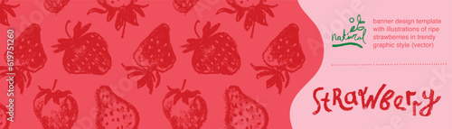 Template label design with hand drawn illustrations of ripe strawberries vector. Strawberry pattern seamless. Red berries for vegan banner, juice, jam label design. Strawberry smoothie background.