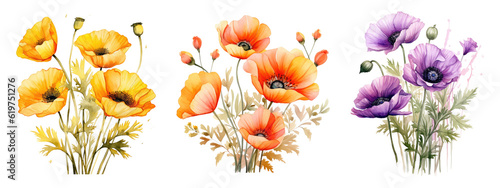 Watercolor Poppy Flowers. Generative AI