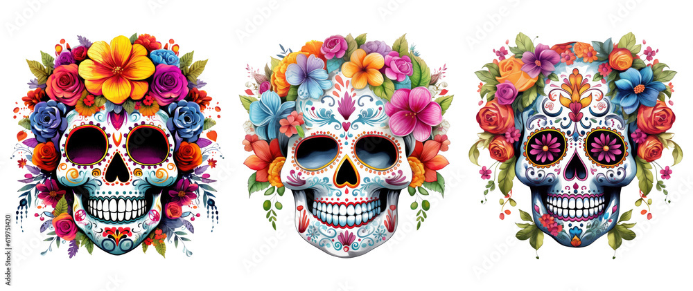 Sugar skull, floral skull, day of the dead, Mexican skull. Generative AI Sugar skull, floral skull, day of the dead, Mexican skull. Generative AI