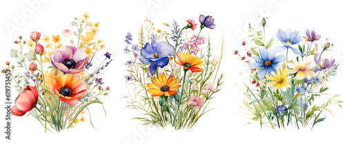 Fototapeta Naklejka Na Ścianę i Meble -  Watercolor wild flowers bouquet. Generative AI
