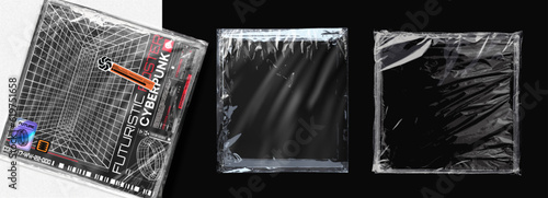 Album cover made of polyethylene texture. Polyethylene packaging for vinyl or cd cover. Shrink crumpled plastic sleeve. Shrink wrapped plastic sleeve for cover art mockup  illustration