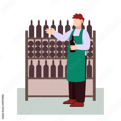 Winemaker in apron holding bottle and talking. Production wine from natural ingredients. Concept of wine production. Time for making organic wine. Vector flat illustration in brown and green colors
