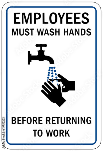 Hand washing sign and labels employees must wash their hands before returning to work