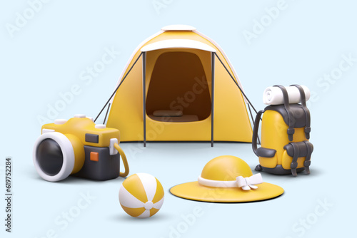 Scene from tourist life without people. Realistic illustration, camping vacation. 3D tent, sun hat, camera, backpack, striped ball. Recreation. Vector template for website design, advertising, app