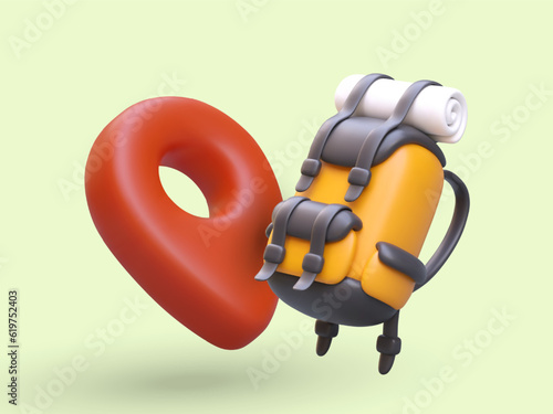 3D tourist backpack and giant red geotag. Travel to selected location. Hiking tourism. Selection of end point of route. Color vector illustration with shadows