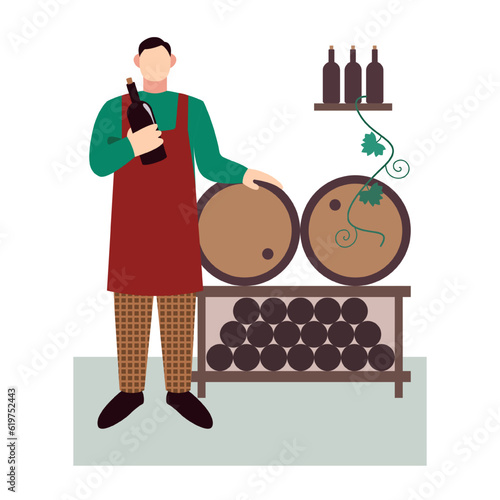 Worker in apron standing near barrel of wine, holding bottle with drink. Production wine from natural ingredients. Time for making organic wine. Vector flat illustration in brown and green colors