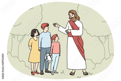 Smiling Jesus Christ talking with small children in garden. Caring Messiah speak with little kids outdoors. Religion and faith. Vector illustration.