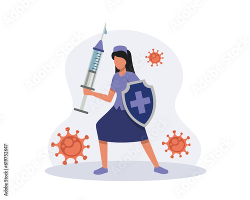 Young medic holding shield with cross and syringe, protecting from viruses. Protection from pandemic outbreak. Concept of antiviral vaccination. Boosting immune system health. Vector flat illustration
