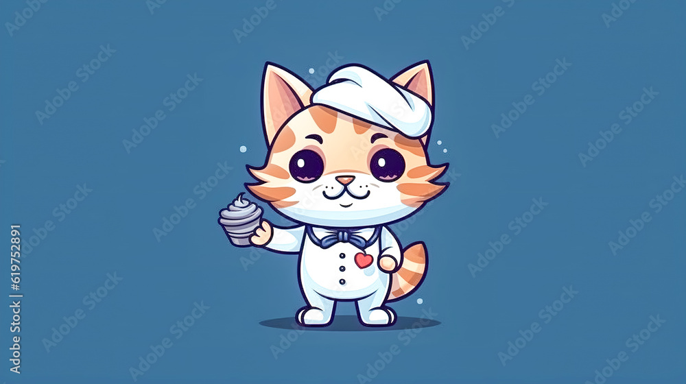 Chef Kitten with cake isolated on blue, generative AI. Chef Kitten with cake isolated on blue, generative AI.