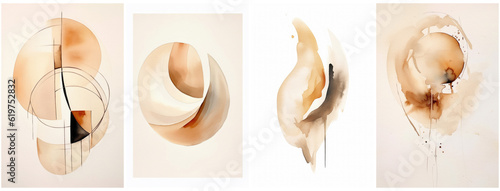 Minimalistic watercolor beige abstract, textured and traces of coffee on white background. Simple and elegant. Created with Generative AI technology.