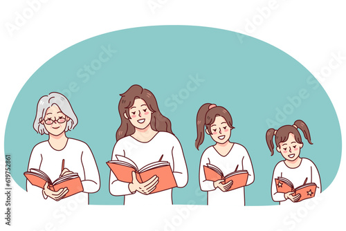 Woman writing in diary all her life. Small girl, adult woman and old grandmother handwriting in planner or journal, making memories. Vector illustration.