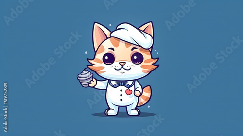 Chef Kitten with cake isolated on blue, generative AI. © puhimec