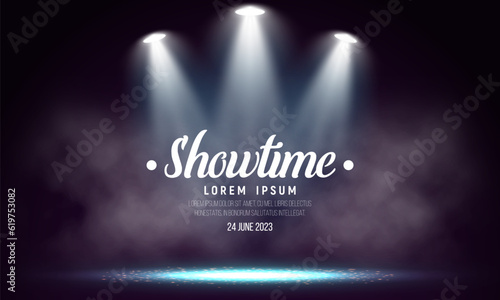 Spotlights. Scene for presentation illuminated by spotlights with smoke. Vector illustration.