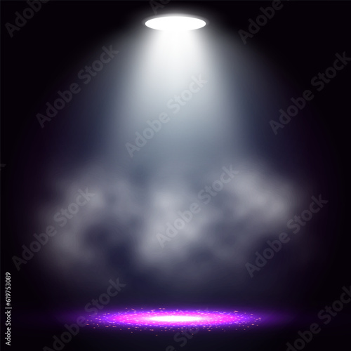 Spotlights. Scene for presentation illuminated by spotlights with smoke. Vector illustration.