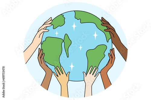People hands holding planet Earth