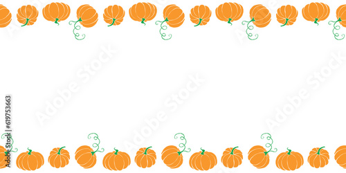 Background, frame made of orange pumpkins in flat style. Horizontal top and bottom edging, border, decoration for seasonal design, thanksgiving theme and Halloween