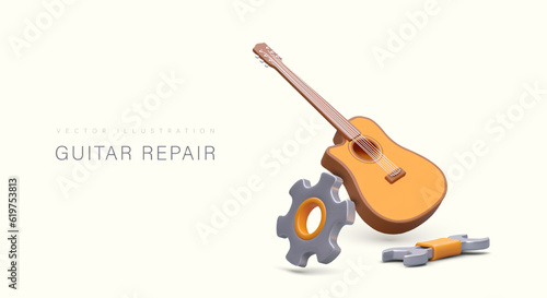 Guitar repair. Restoration, prevention and adjustment of stringed musical instruments. Color vector poster, advertising services. Horizontal template for web design
