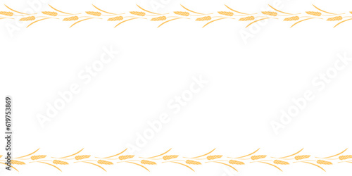Vector Background, frame made of golden wheat or rye ears in flat style. Horizontal top and bottom edging, border, decoration on theme of bakery products, flour, harvest, thanksgiving
