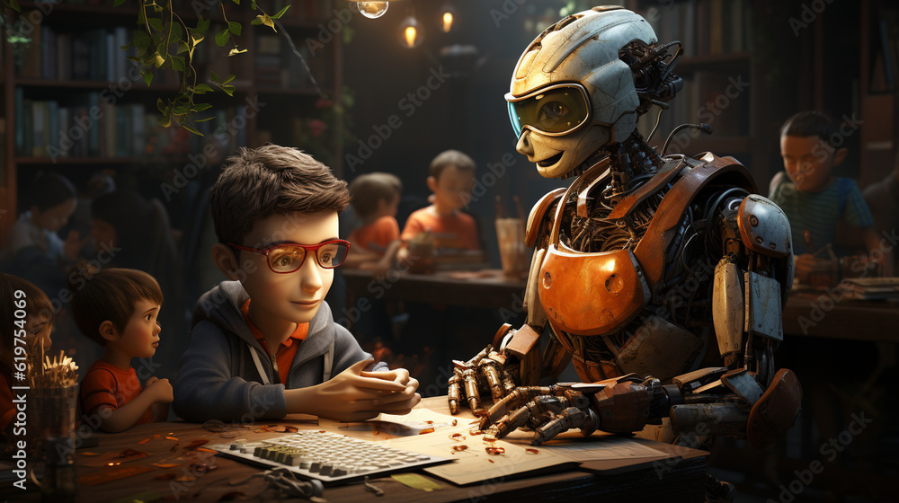 A robot is a teacher at a school for children. Generative Ai A robot is a teacher at a school for children. Generative Ai