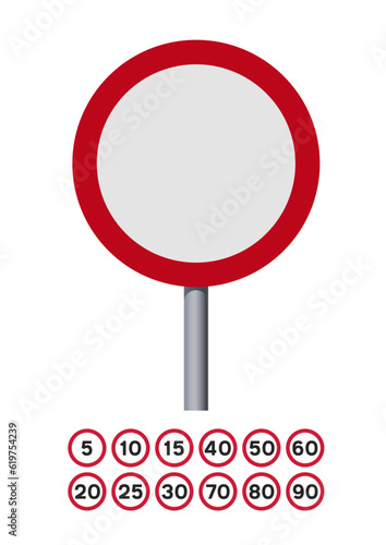 Vector illustration of the United Kingdom Speed Limit road sign on metallic post (easily editable numbers)