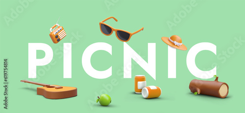 Picnic with music. Color poster with huge inscription and 3D elements in cartoon style. Food, clothes, tourist accessories. Outdoor recreation. Bright template for web design