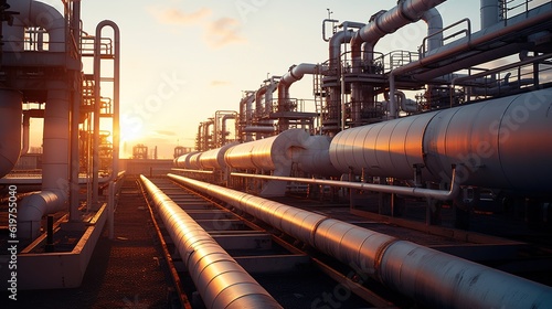 Large industrial gas pipelines in a modern refinery at sunrise with generative ai