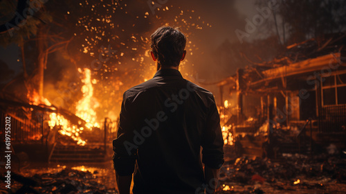 Back view man standing over burning house background. Generative Ai