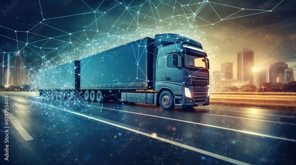 Logistics concept, Truck of logistics network distribution and smart transportation and networking intelligent logistics of truck container cargo, Logistic import export and industry with generative a - obrazy, fototapety, plakaty 
