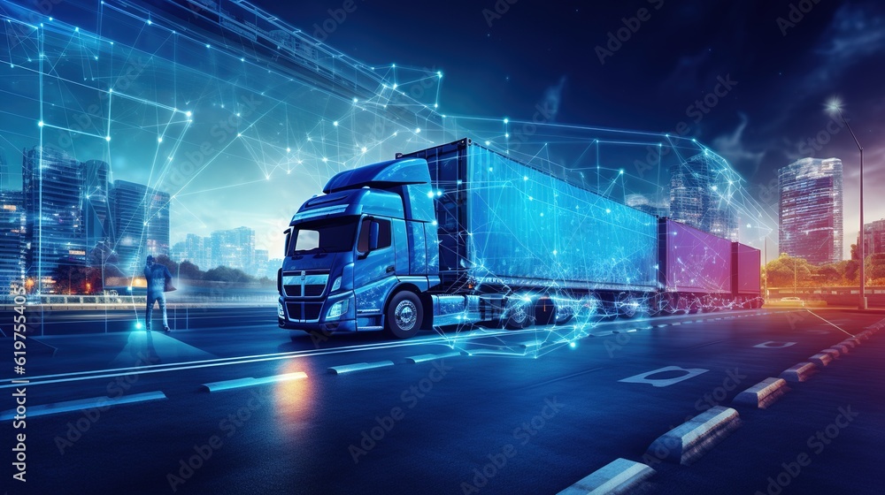 Logistics concept, Truck of logistics network distribution and smart transportation and networking intelligent logistics of truck container cargo, Logistic import export and industry with generative a