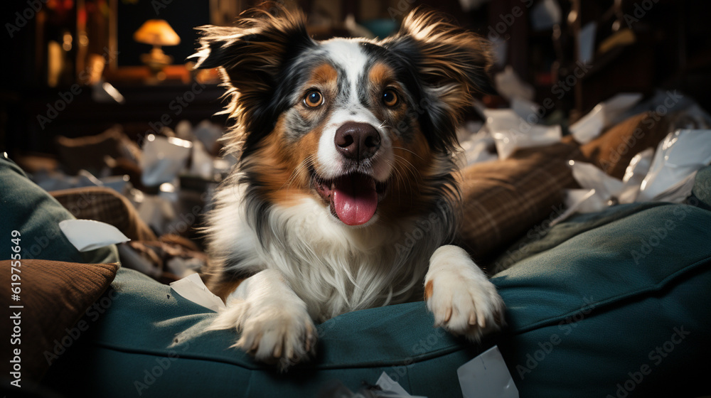 Dog destroying cushions on sofa. Generative Ai
