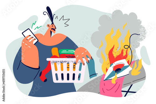 Woman housewife was distracted and allowed fire while ironing clothes because of phone conversation