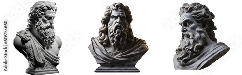 Set of busts of ancient Greek and Roman gods, collection of antique marble sculptures isolated on transparent white