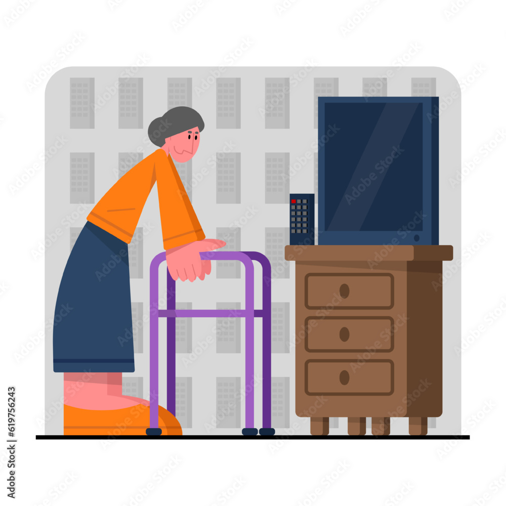 Senior female hold on to handrails and go to TV. Happy old age. Rehabilitation for elderly people. Support and care for people concept. Flat vector illustration in cartoon style Senior female hold on to handrails and go to TV. Happy old age. Rehabilitation for elderly people. Support and care for people concept. Flat vector illustration in cartoon style