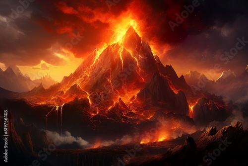 dark fantasy mountain landscape, fire in the hills, volcano eruption, made with generative ai 