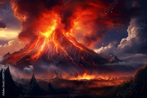 dark fantasy mountain landscape, fire in the hills, volcano eruption, made with generative ai 