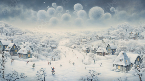 Childbook illustration village under snow [AI generative] © rupinder