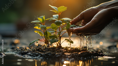 Hand holding water and watering young tree. Generative Ai