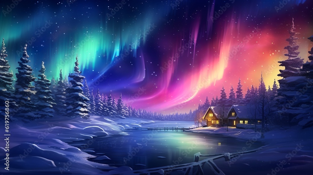 Fantasy winter landscape with northern light as christmas wallpaper background, generative ai Fantasy winter landscape with northern light as christmas wallpaper background, generative ai