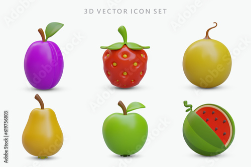 Collection of 3D icons with shadows. Vector colored fruits and berries. Plum, strawberry, melon, pear, apple, cut watermelon. Ripe, tasty and aromatic natural products
