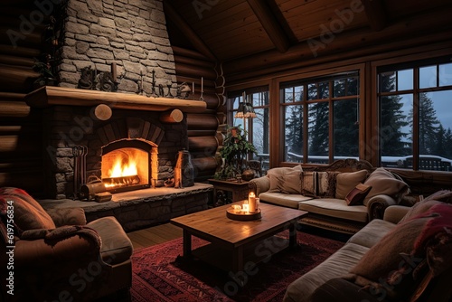 fireplace with christmas decorations in a cozy warm forest wooden log house cabin, generative ai