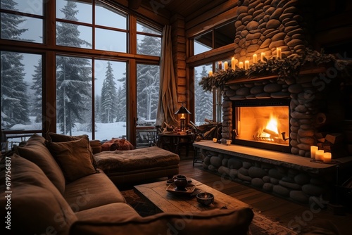 fireplace with christmas decorations in a cozy warm forest wooden log house cabin, generative ai photo