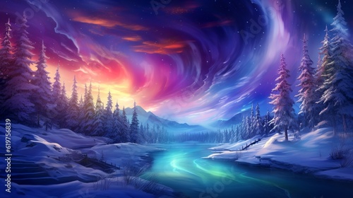 Fantasy winter landscape with northern light as christmas wallpaper background, generative ai