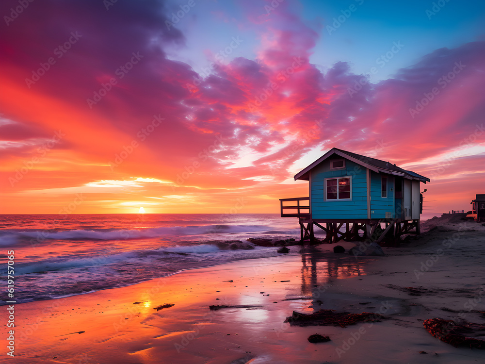 Beach Cabin a sunset
