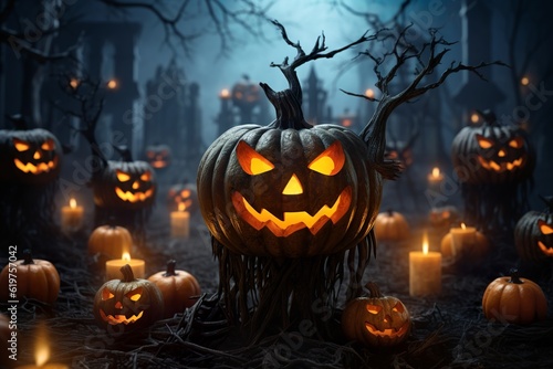 Halloween creepy spooky background, pumpkins, jack-o-lantern, bats, generative ai
